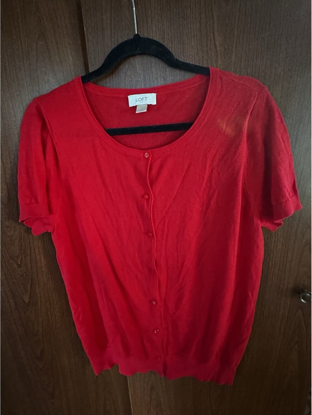 LOFT Womens L Red Short Sleeve Button Front Cardigan Lightweight Fine Knit